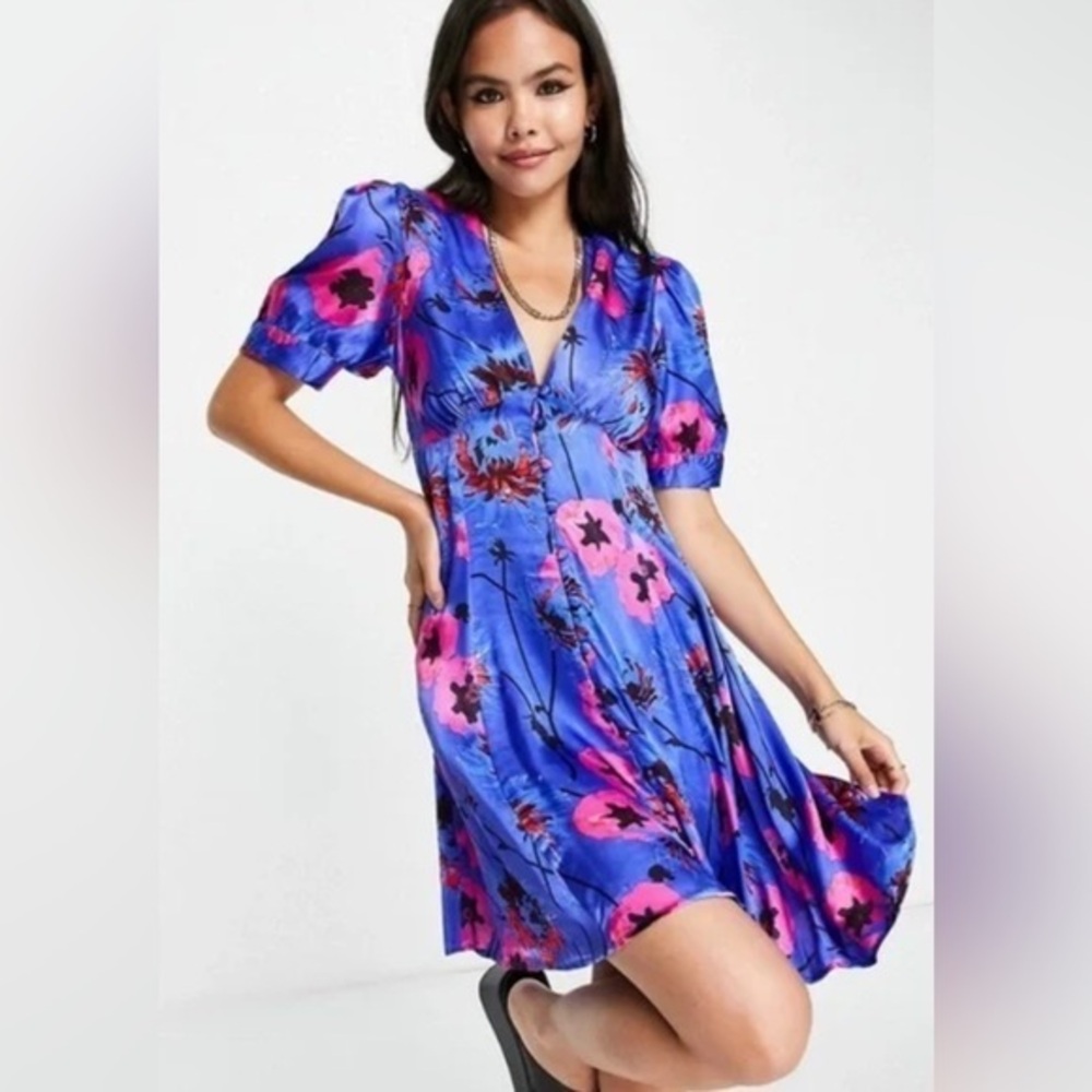 Topshop Women's Blue Pink Flowy Floral Satin Button Front Dress NWT 0 #1939